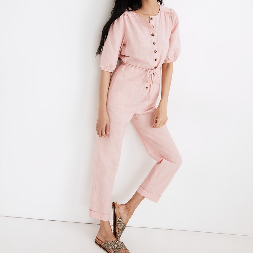 Madewell Linen-Blend Puff-Sleeve Tassel-Tie Jumpsuit roll cuffs button front